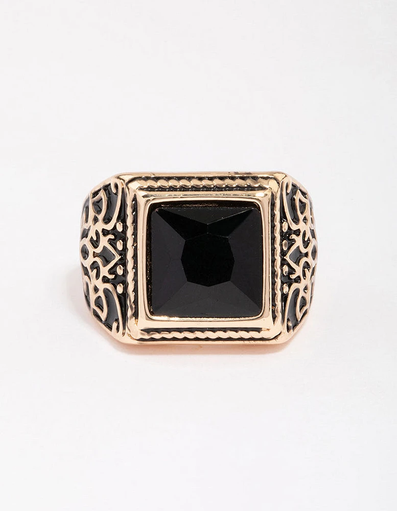 Antique Gold Square Black Ring