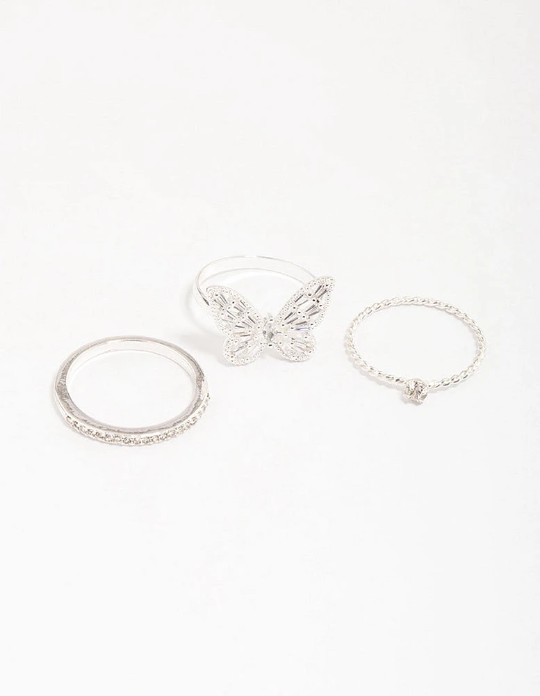 Silver Plated Cubic Zirconia Butterfly Ring Pack