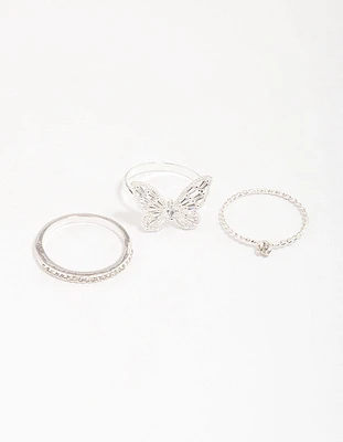 Silver Plated Cubic Zirconia Butterfly Ring Pack