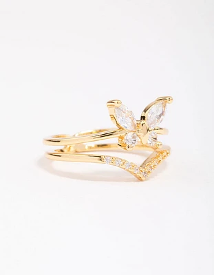 Gold Plated Cubic Zirconia Butterfly Double Band Ring