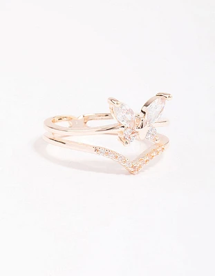 Rose Gold Plated Cubic Zirconia Butterfly Double Band Ring