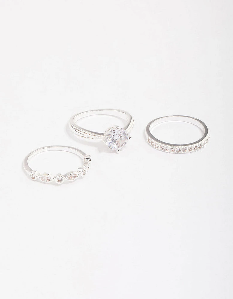 Silver Plated Cubic Zirconia Round Stone Ring Pack