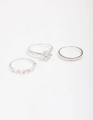 Silver Plated Cubic Zirconia Round Stone Ring Pack