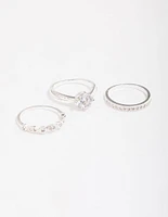 Silver Plated Cubic Zirconia Round Stone Ring Pack