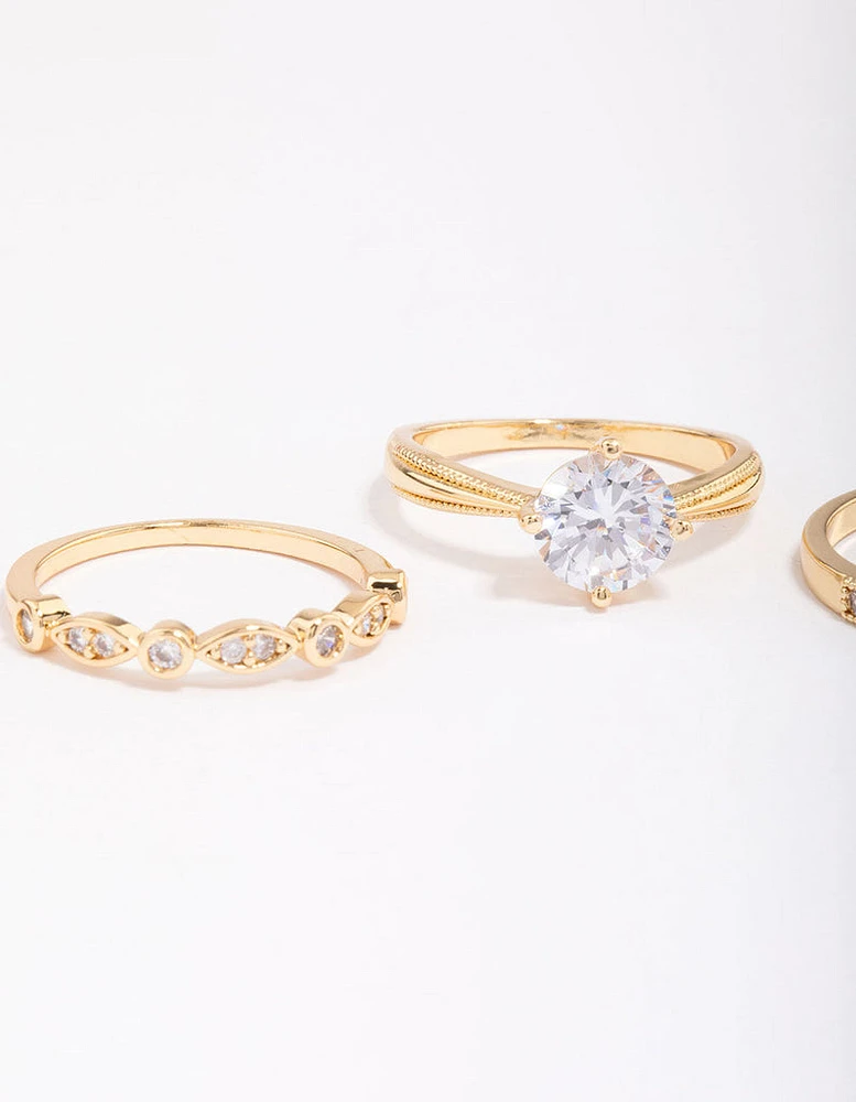 Gold Plated Cubic Zirconia Round Stone Ring Pack