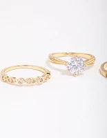 Gold Plated Cubic Zirconia Round Stone Ring Pack