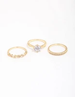 Gold Plated Cubic Zirconia Round Stone Ring Pack