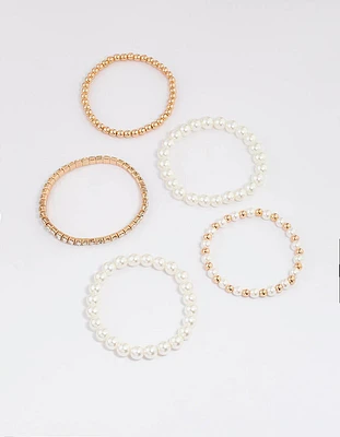 Gold Mixed Diamante Pearl Stretch Bracelet Pack