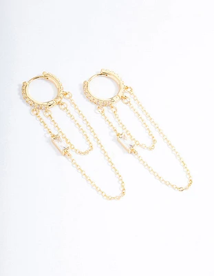 Gold Plated Cubic Zirconia Double Chain Drop Earrings