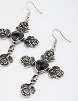 Antique Silver Rose & Heart Drop Earrings