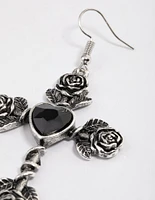 Antique Silver Rose & Heart Drop Earrings