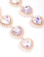 Rose Gold Four Diamante Heart Drop Earrings