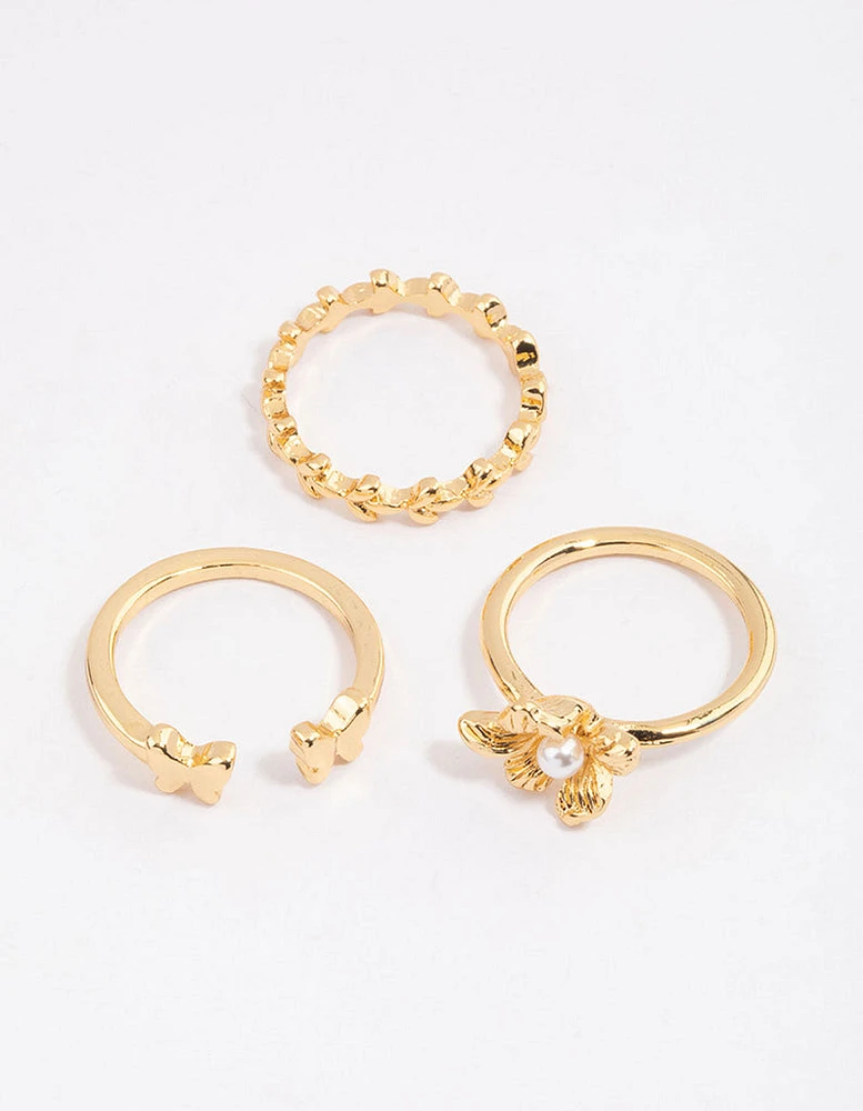 Gold Plated Butterfly & Flower Ring Pack