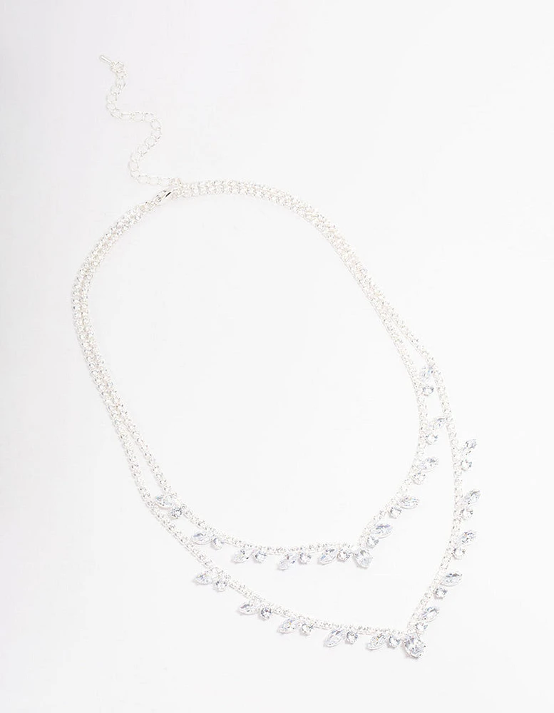 Silver Cubic Zirconia Double Layer Pear Stone Necklace