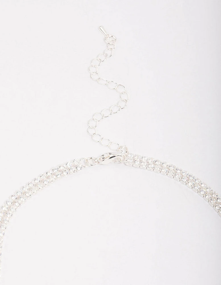 Silver Cubic Zirconia Double Layer Pear Stone Necklace