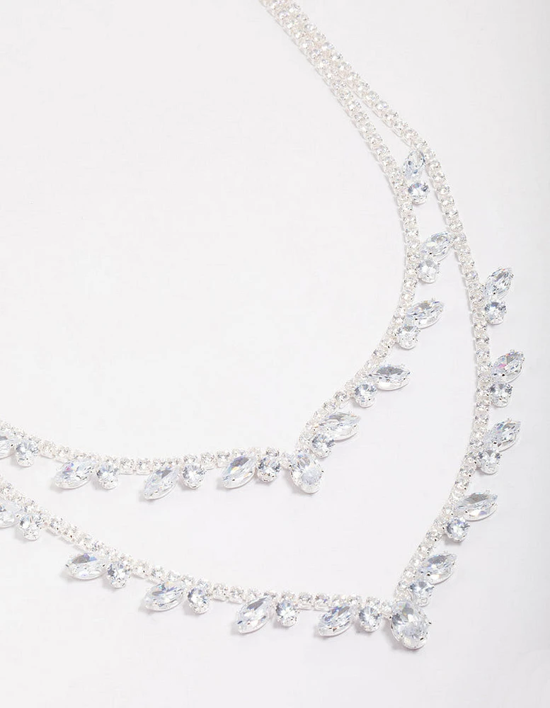 Silver Cubic Zirconia Double Layer Pear Stone Necklace