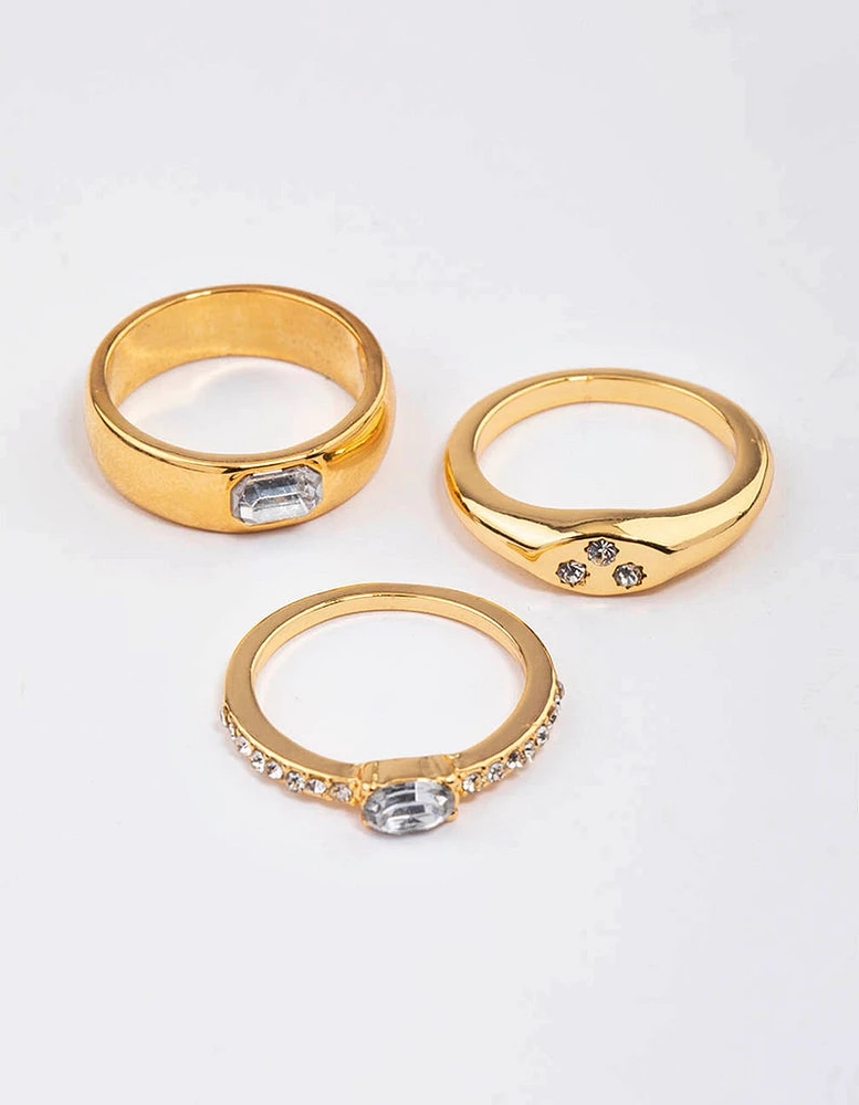 Gold Plated Round Diamante Signet Ring Pack