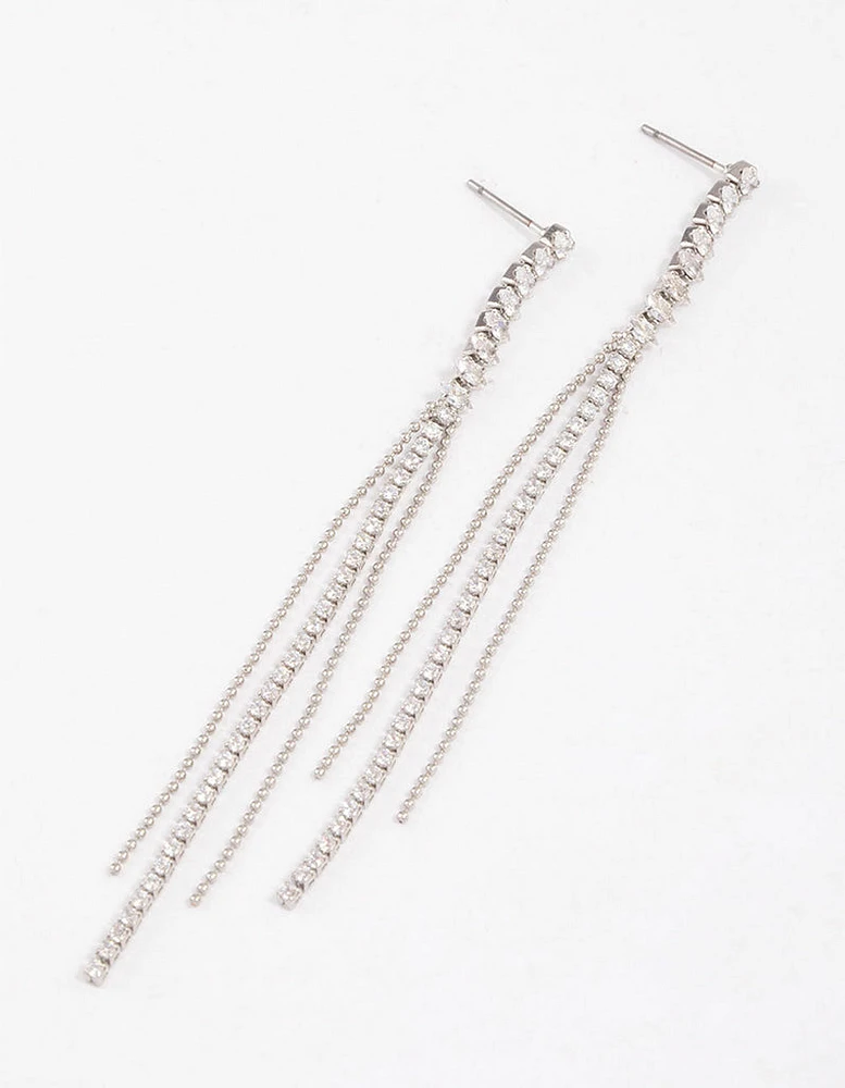 Rhodium Cubic Zirconia Skinny Stranded Drop Earrings