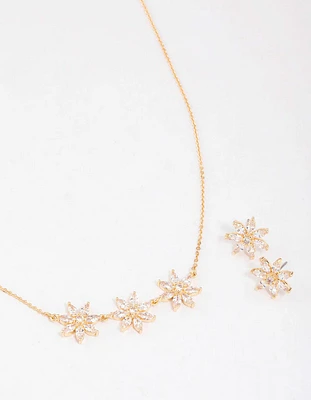 Gold Cubic Zirconia Triple Flower Necklace & Earrings Set