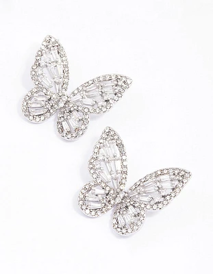 Rhodium Flutter Butterfly Cubic Zirconia Stud Earrings