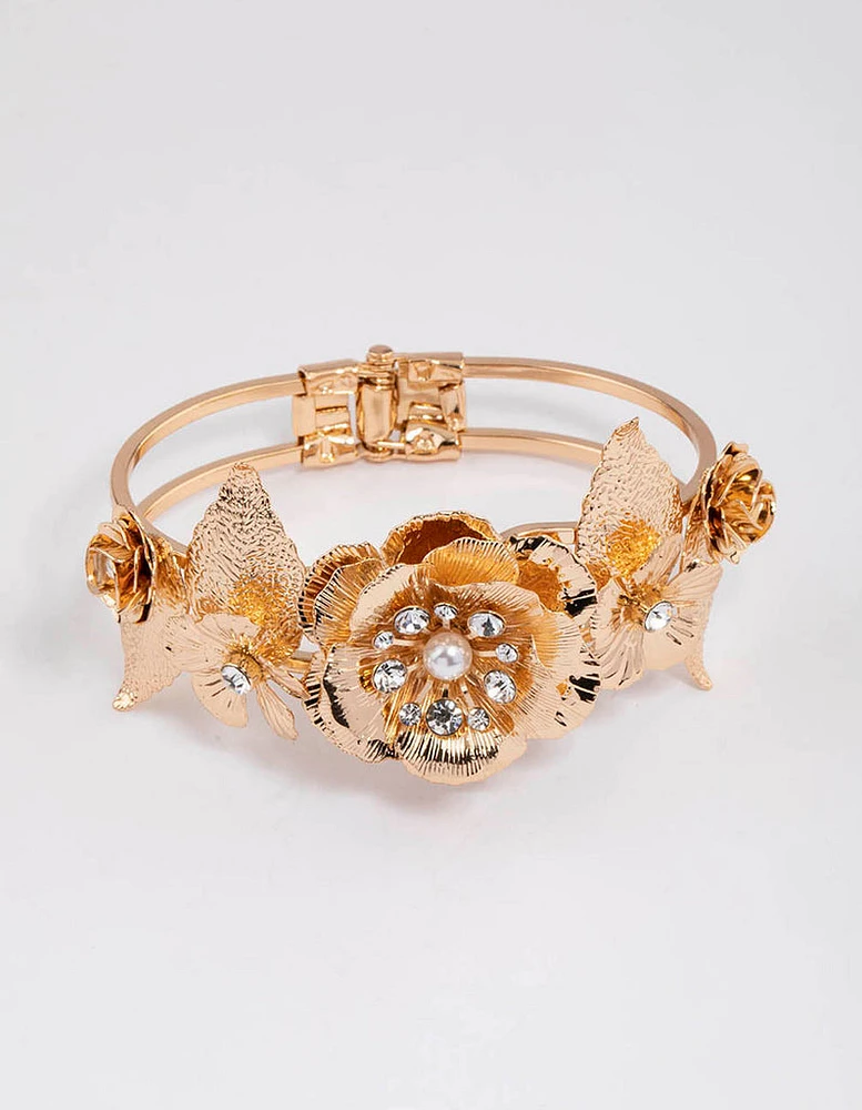 Gold Statement Diamante Flower Bangle