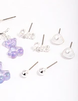 Silver Purple Cute Love Earrings 6-Pack