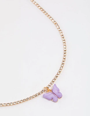 Purple Diamante Cupchain Butterfly Necklace