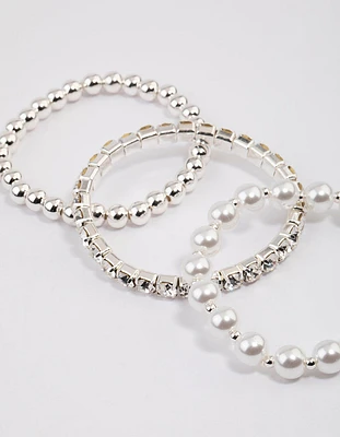 Silver Pearl & Diamante Strap Bracelet Pack