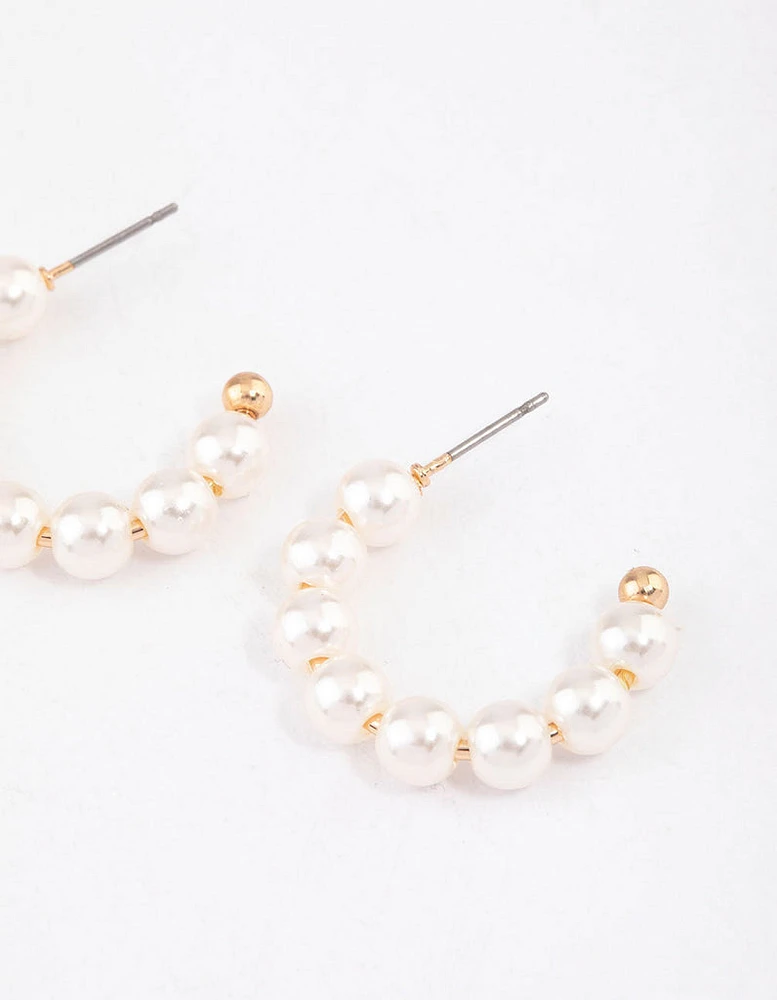 Gold Dainty Pearl Beaded Hoop Earrings