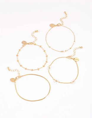 Gold Chain Pearly Flower Bracelet & Anklet 4-Pack Set