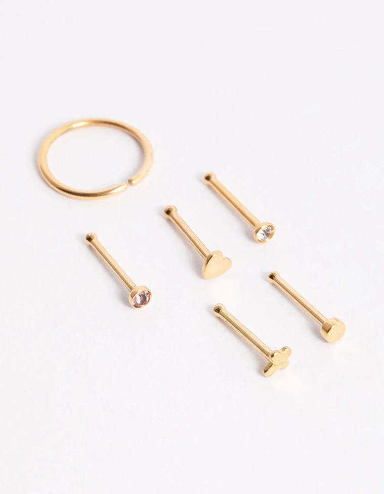 Gold Plated Surgical Steel Heart & Cross Nose Stud 6-Pack