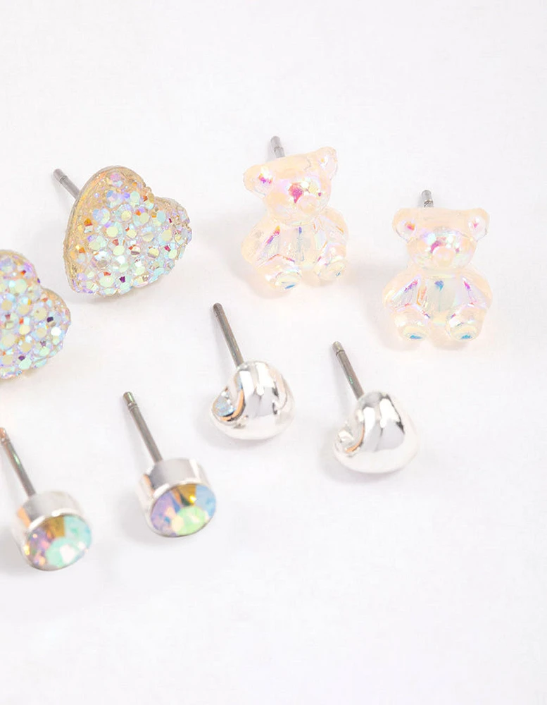 Kids Diamante Rose & Heart Stud Earrings 6-Pack