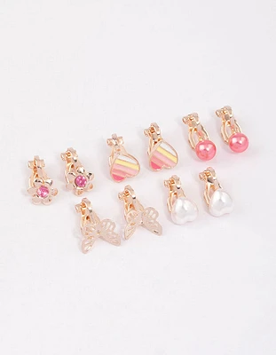 Kids Pink Butterfly & Heart Clip On Earrings 6-Pack