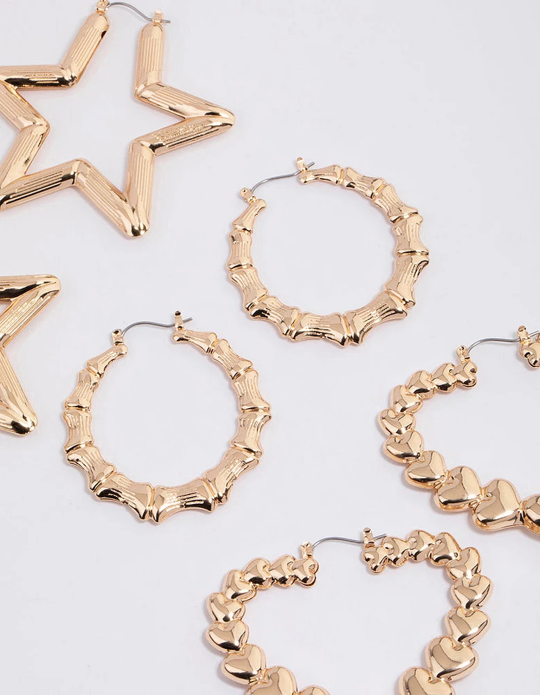 Gold Textured Star Hoop Earrings Pack