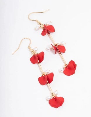 Red Pearl & Petal Drop Bar Earrings
