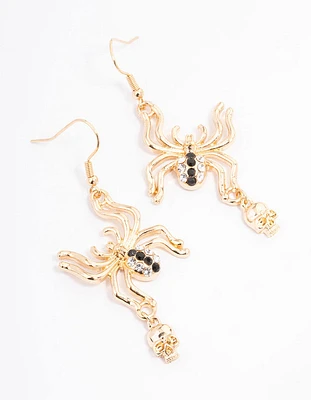 Gold Spider Skull Drop Earrings