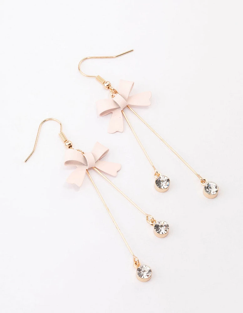 Blush Diamante Bow Double Bar Drop Earrings