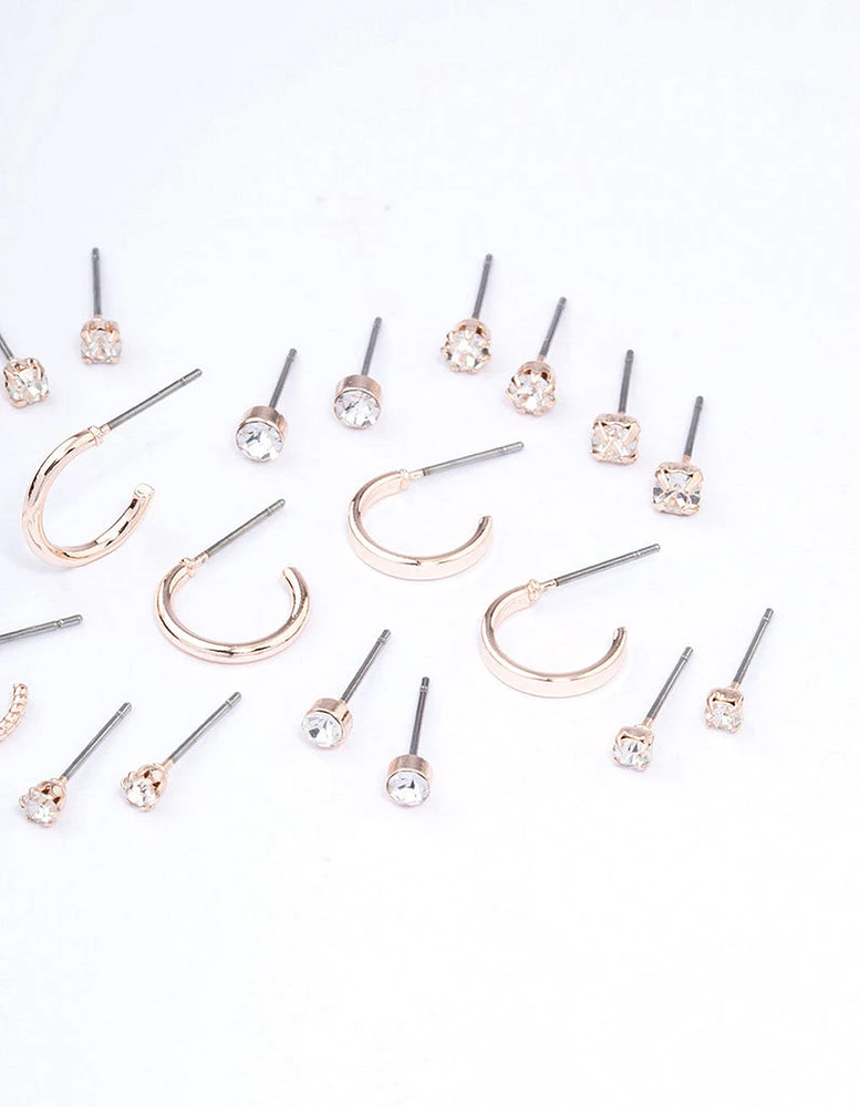 Rose Gold Diamante Stud & Hoop Earring 12-Pack