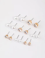 Gold Graduating Diamante & Pearl Earrings 8-Pack