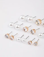 Gold Graduating Diamante & Pearl Earrings 8-Pack