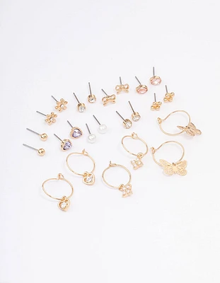 Gold Stone Bow & Floral Earring 12-Pack