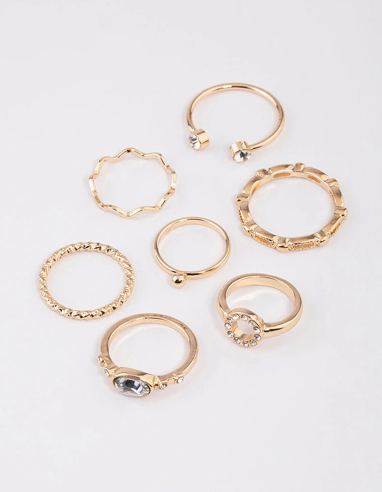 Gold Round Open Diamante Ring 7-Pack