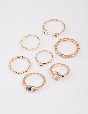 Gold Round Open Diamante Ring 7-Pack