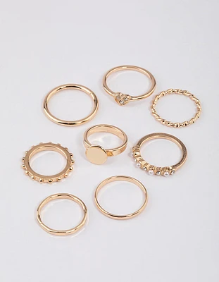 Gold Disc & Diamante Heart Ring 8-Pack