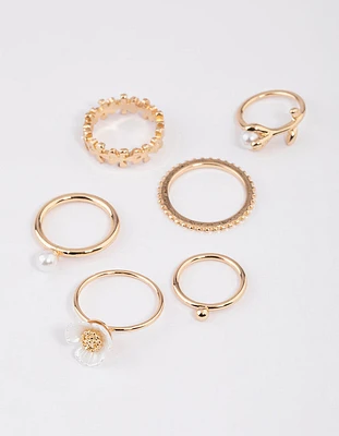 Gold Pearl Flower Ring 6-Pack