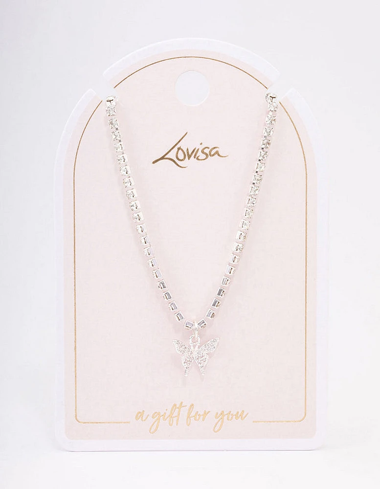 Silver Cupchain Diamante Butterfly Necklace