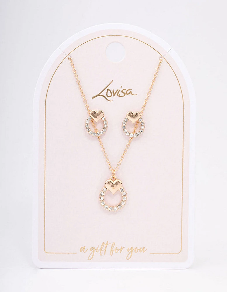 Gold Diamante Circle Heart Jewellery Set