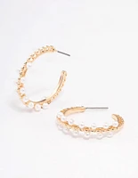 Gold Thin Pearl Ball Hoop Earrings