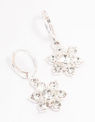 Silver Diamante Flower Drop Huggie Earrings