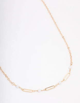 Gold Pearl Rectangle Link Short Necklace